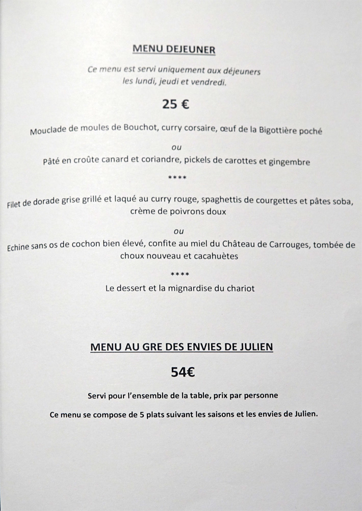 Menus Déjeuner et Au gré des envies de Julien