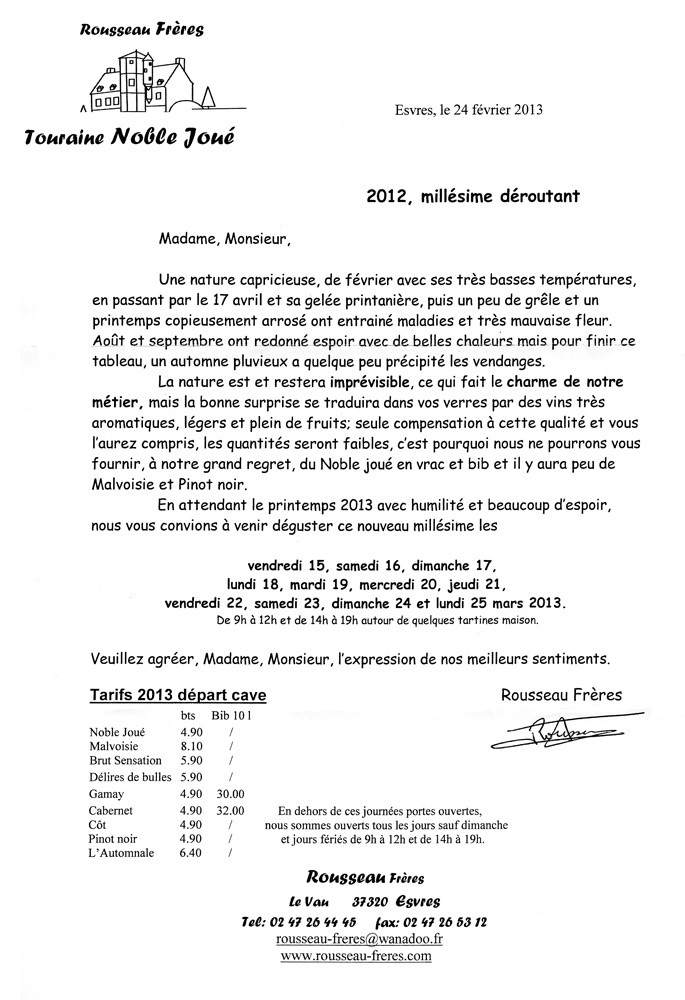 Info 2013 sur le millésime 2012