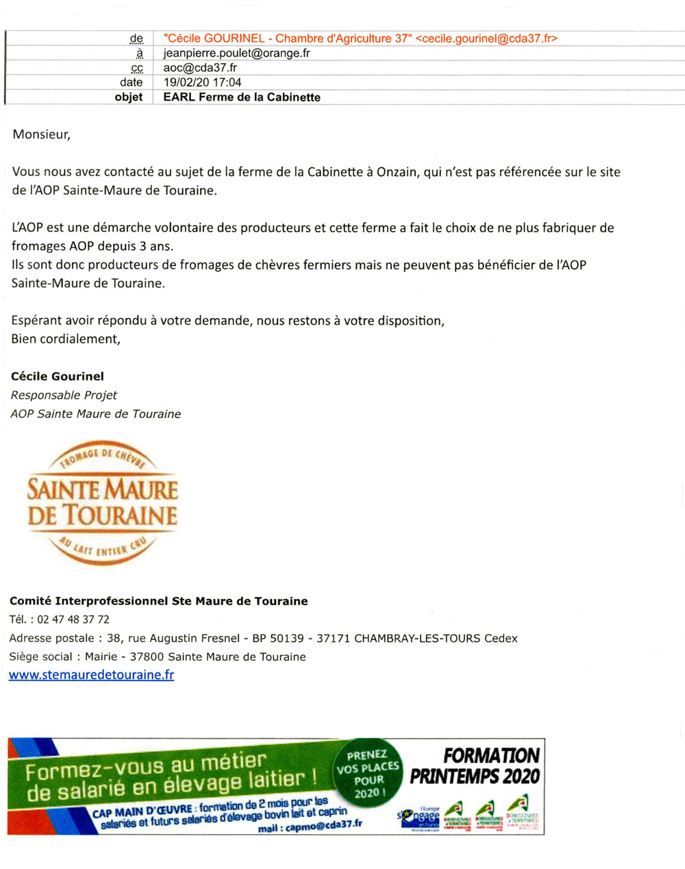 Lettre AOP Sainte-Maure de Touraine