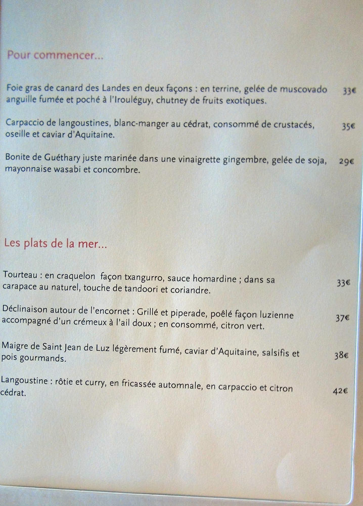 La carte : entrées et plats de la mer