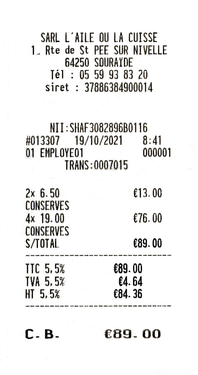 Ticket de caisse (Salmis et Graisse de canard)