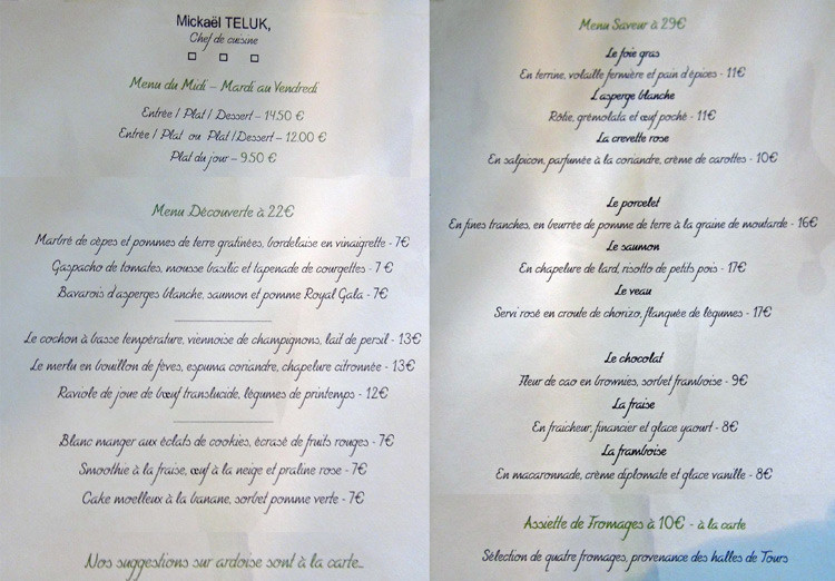 Les menus à 22 & 29 € 00