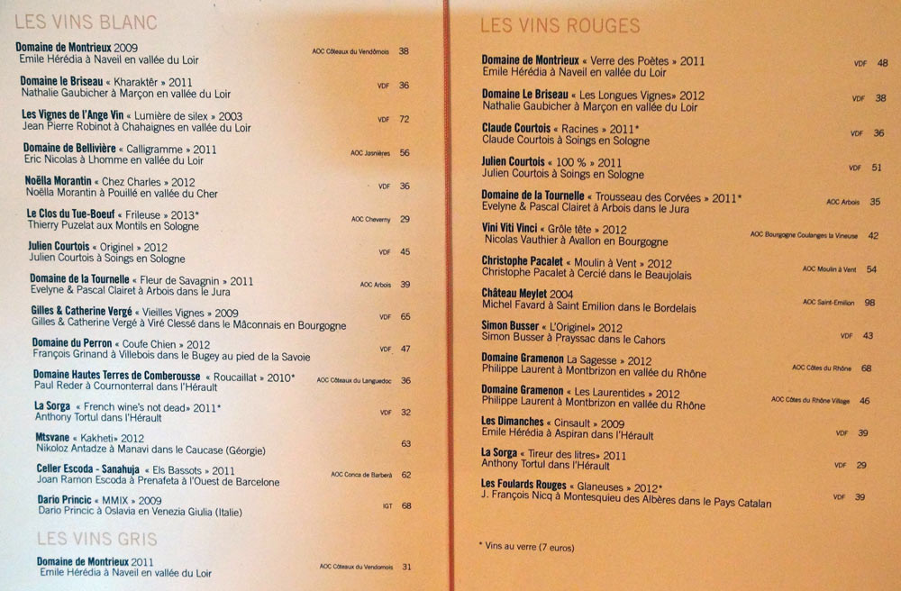 Les vins de la carte