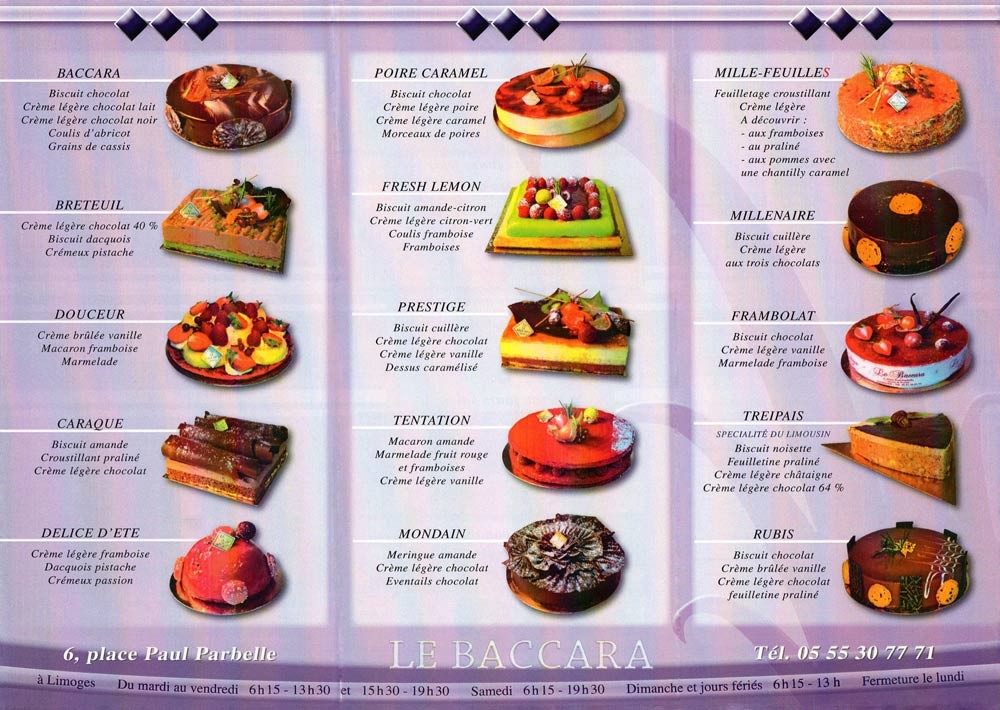 Description des tartes et glaces disponibles