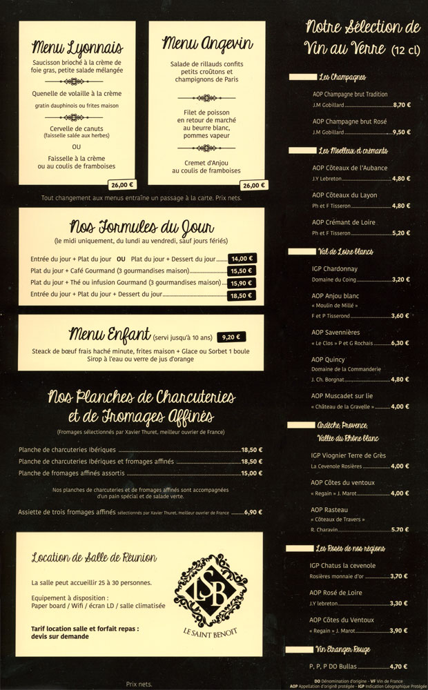 La carte : Formules et vins au verre (blancs)