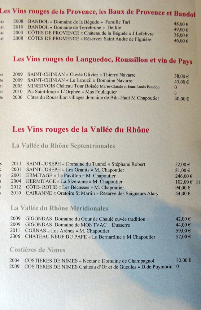 Carte des vins