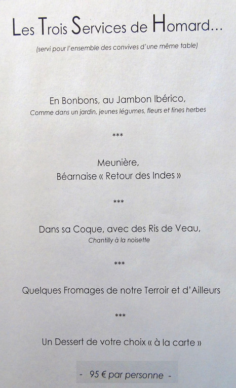 Menu "Homard" à 95 € 00