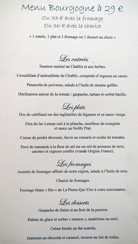 Le menu "Bourgogne", "Bib Gourmand" depuis 2008