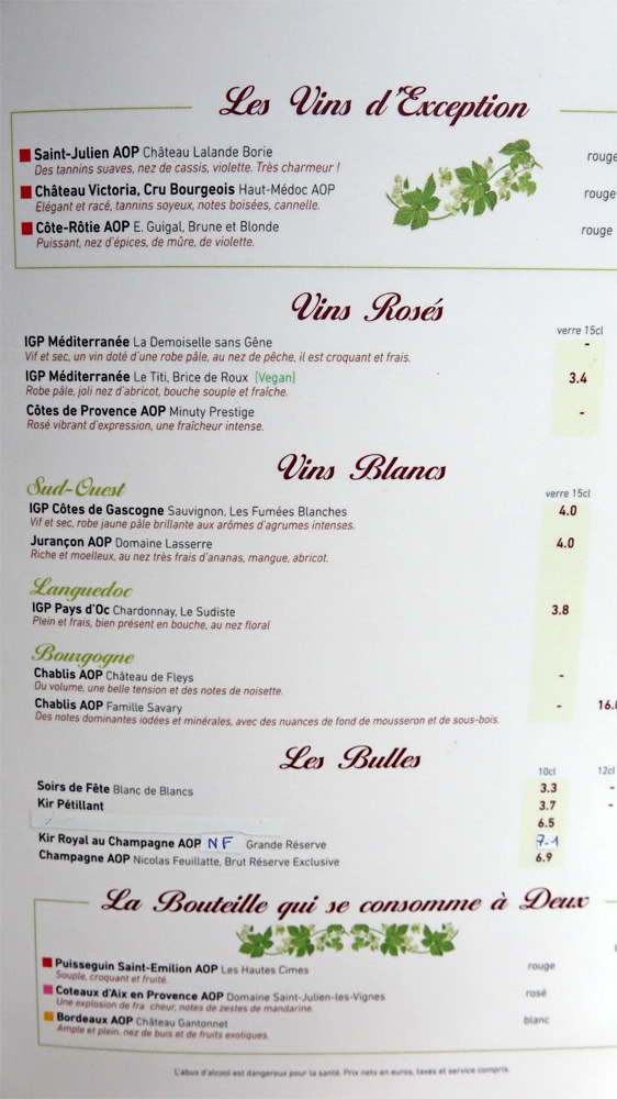 Carte des boissons (avec quelques prix ...)