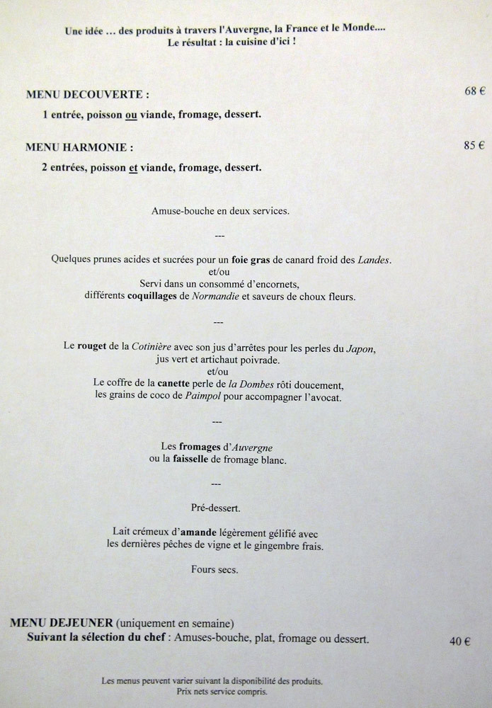 Menus : "Déjeuner - "Harmonie"
