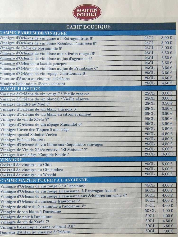 Tarif des Vinaigres