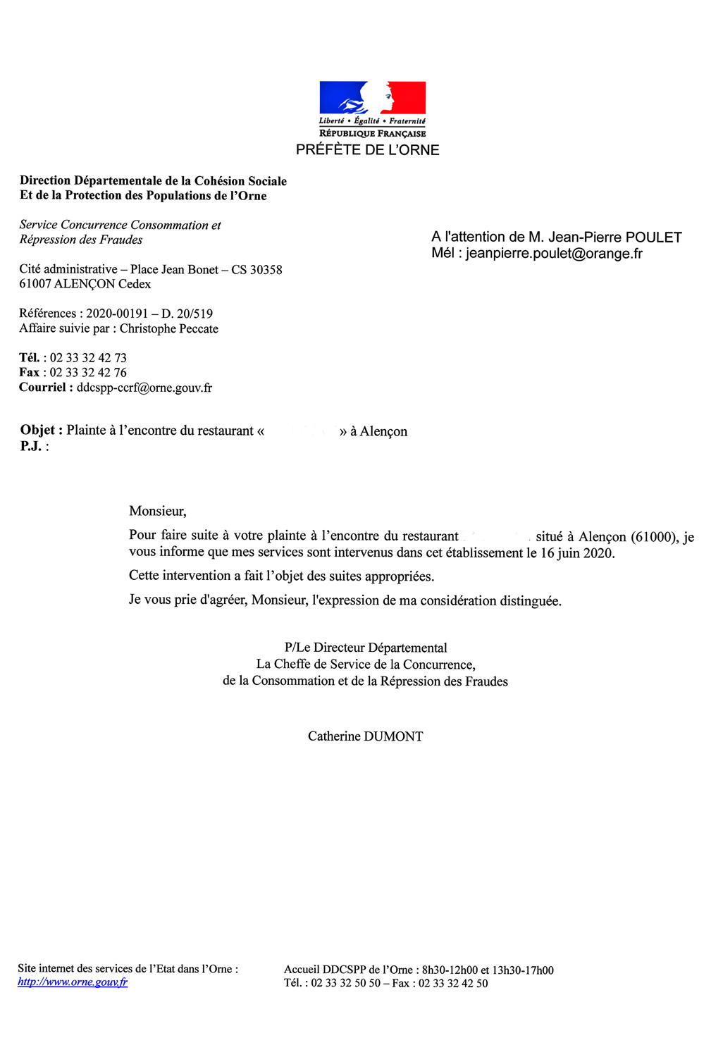 Réponse de la DDCRF de l'Orne