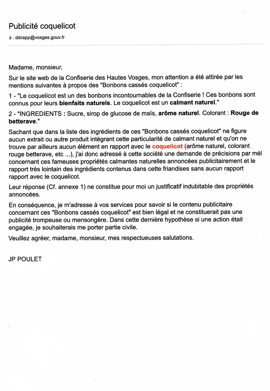 Mon mél à la DDCRF des Vosges