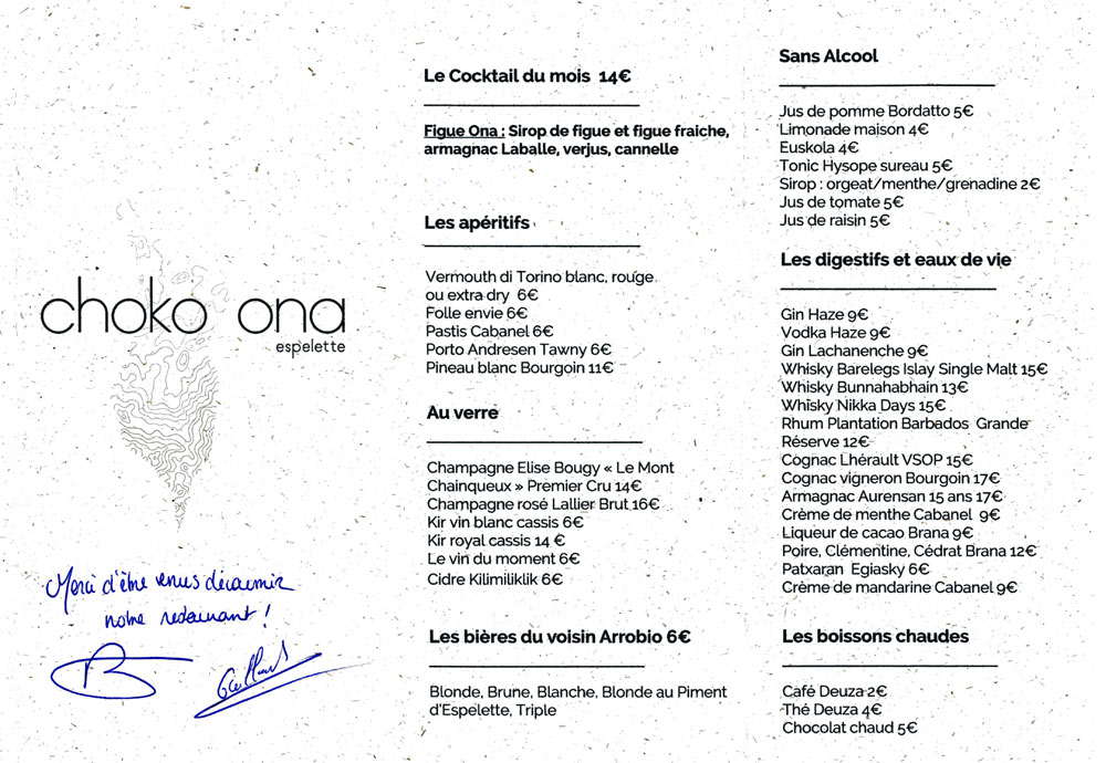 Menu dédicacé