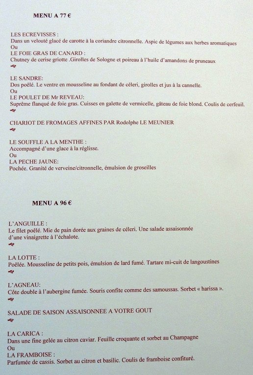 Menus à 77 € 00 et 96 € 00