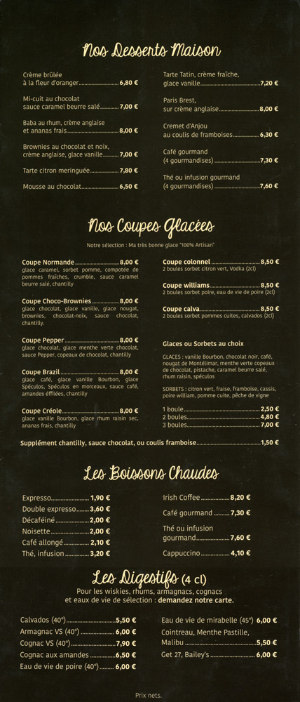 La carte : Desserts - Boissons chaudes - Digestifs