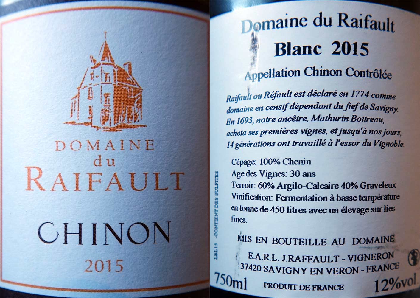 Chinon blanc 2015 domaine du Raifault