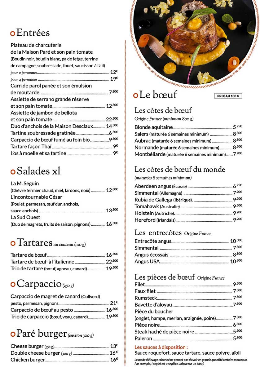 Carte, partie restaurant
