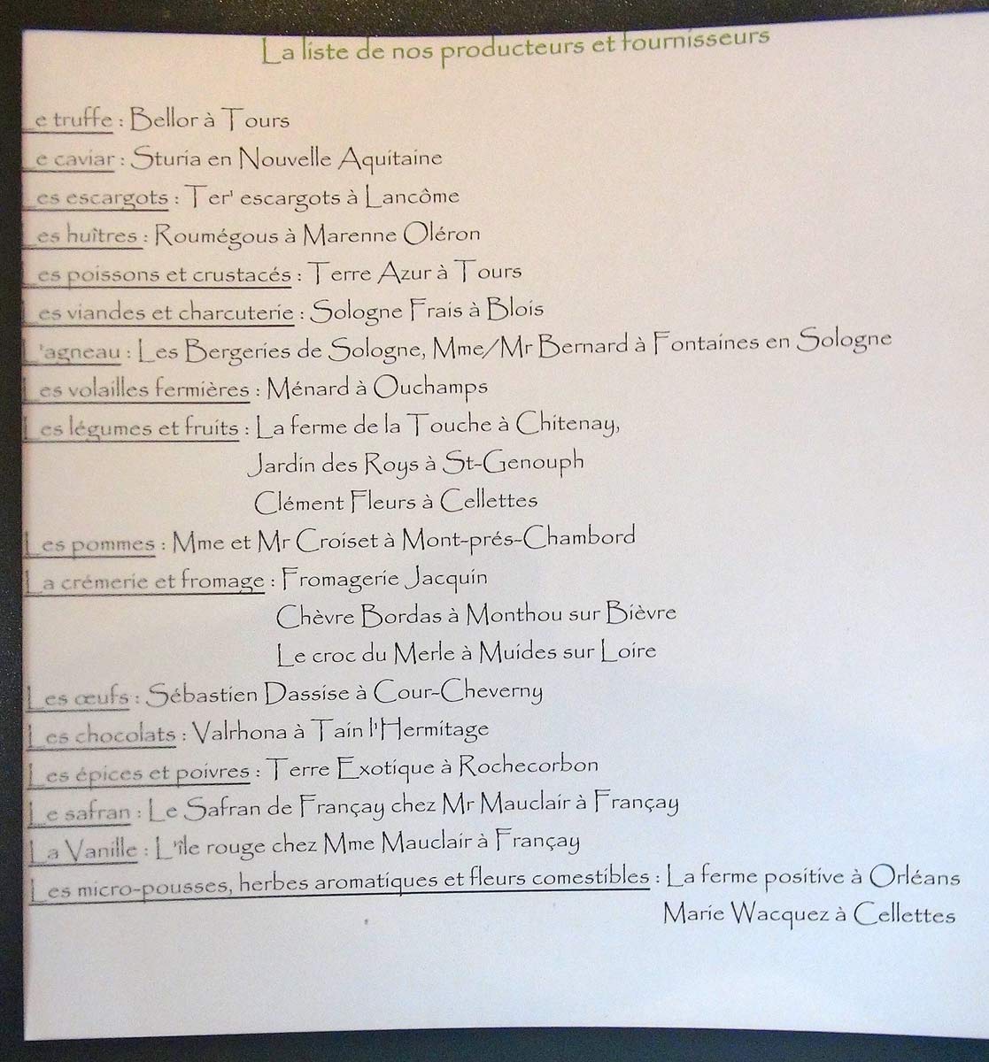 Liste des fournisseurs