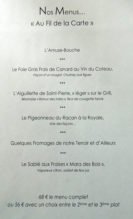 Menu en 5 services à 68 € 00 (ou à 56 € 00 en 4)