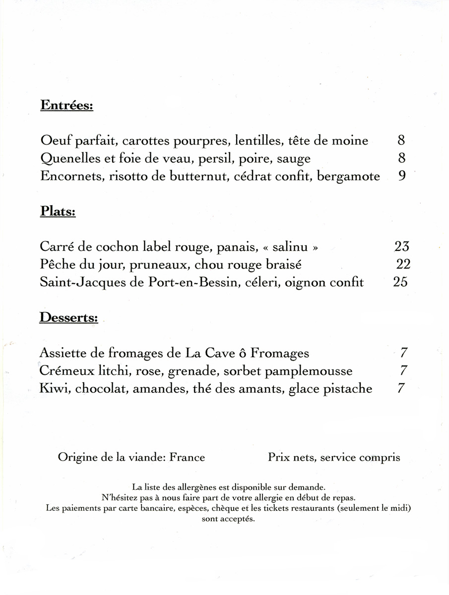 Carte du soir de la semaine 4