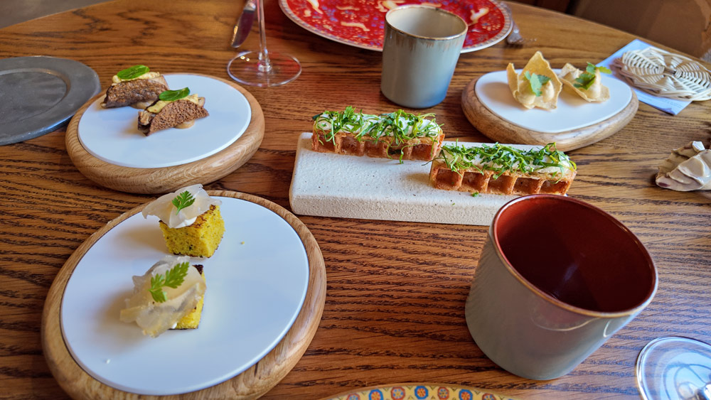 Amuse-bouche : Gaufre de chèvre - Rillon maison à la moutarde d'Orléans et confit d'oignons - Chips de pois chiches du Val de Loire et son houmous -Brioche au curry breton et silure de Loire fumé maison
