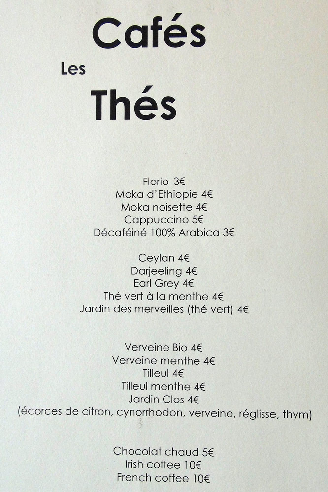 Carte des Cafés et Thés