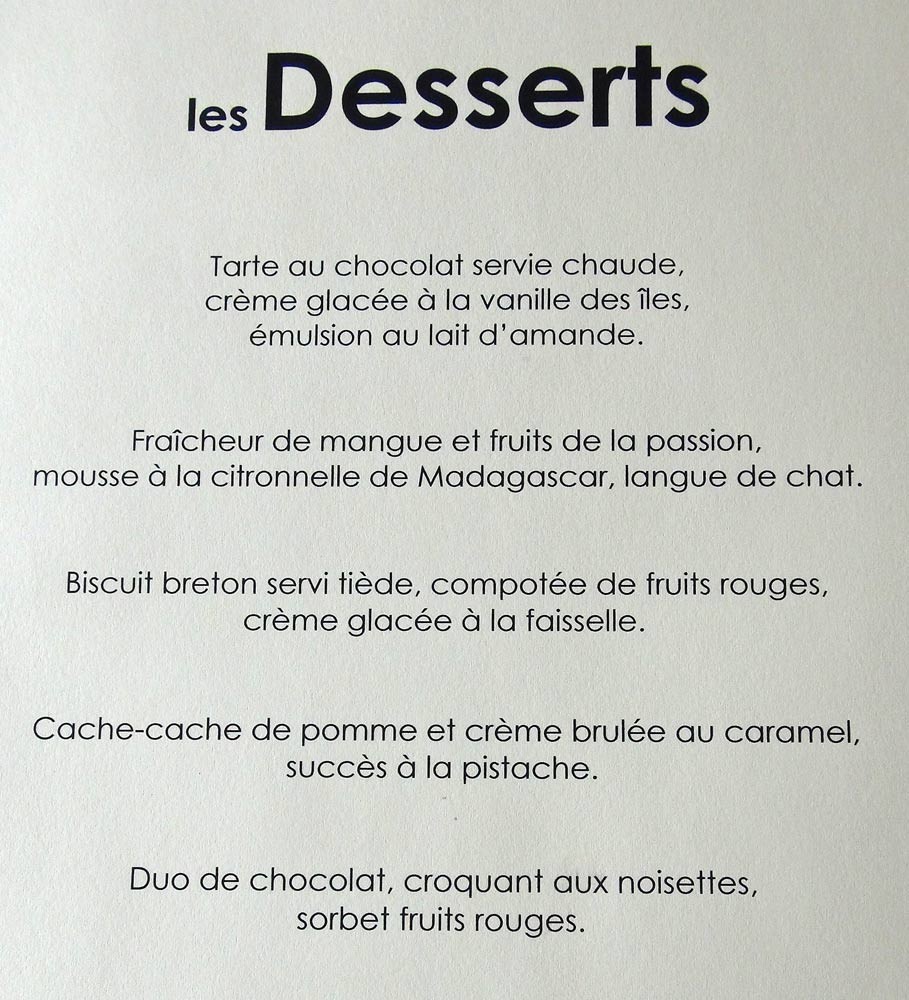 Carte des desserts