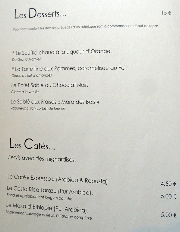 Carte (desserts & cafés)