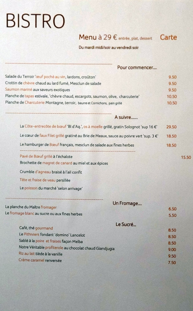 Menu à 29 € 00