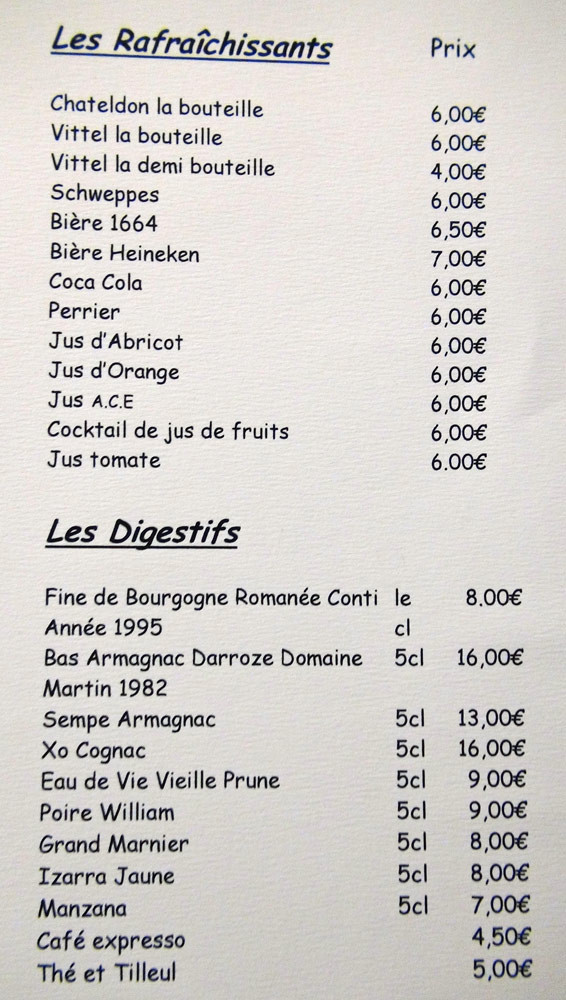 Rafraichissant et Digestifs (Attention, l'abricot n'est pas un jus de fruits mais un nectar !)