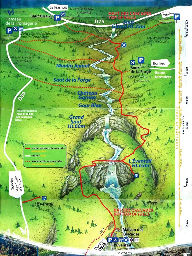 La carte des cascades du Hérisson