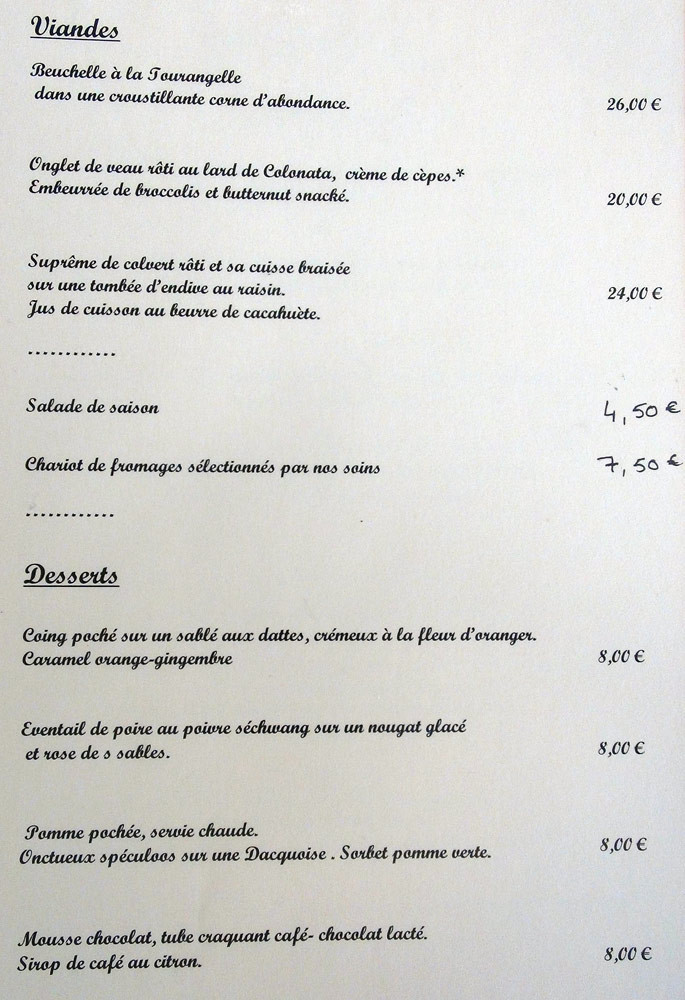 Carte des viandes et des desserts