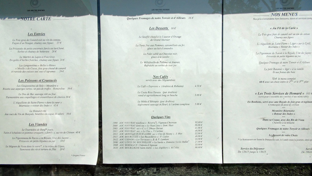 Les menus à l'entrée