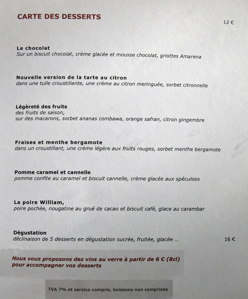 Carte des desserts - 20 octobre 2012