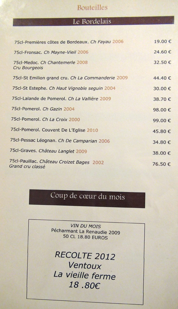 Carte des vins : Bordeaux