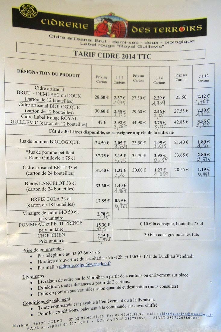 Tarif de vente