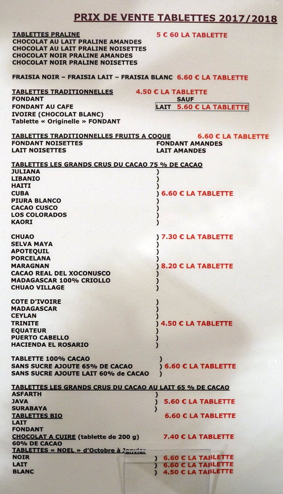 Tarif des chocolats
