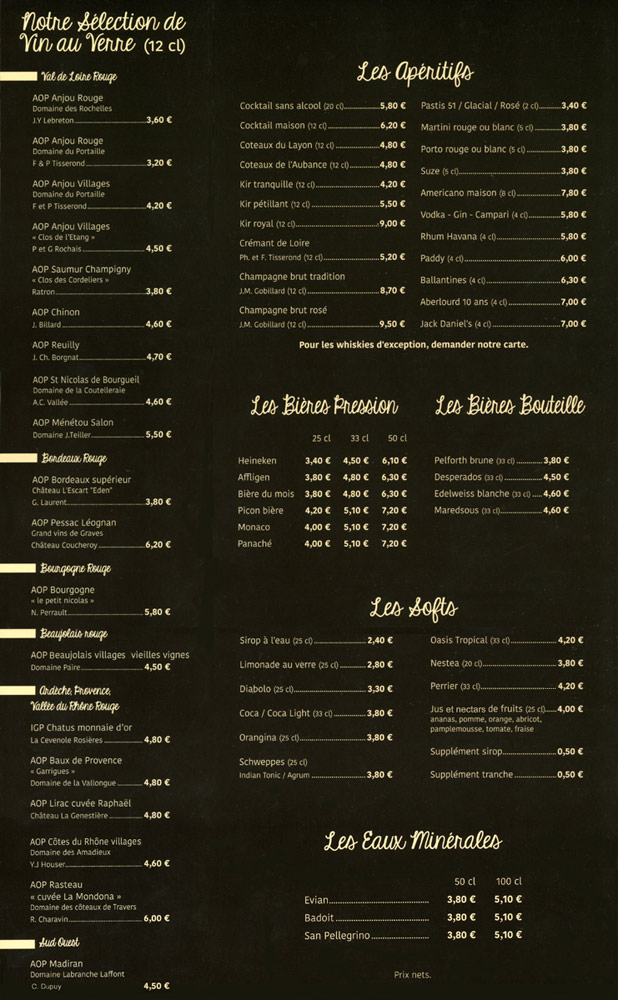 La carte : Apéritifs - Bières - Vins au verre (rouge)