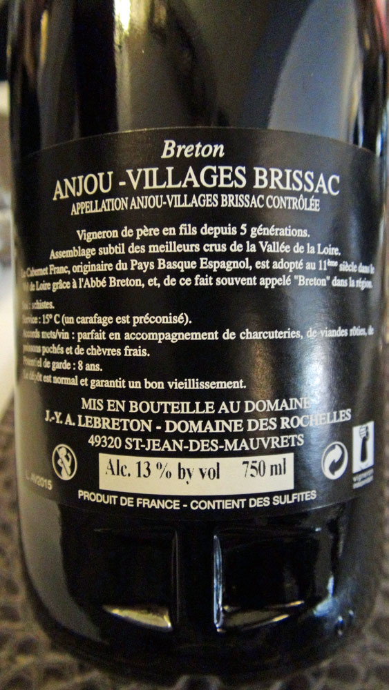 Anjou-villages "Brissac" 2012 du domaine des Rochelles d'Anita & Jean-Yves Lebreton