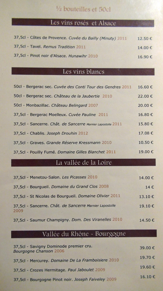 Carte des vins : demi bouteilles & 50 cl