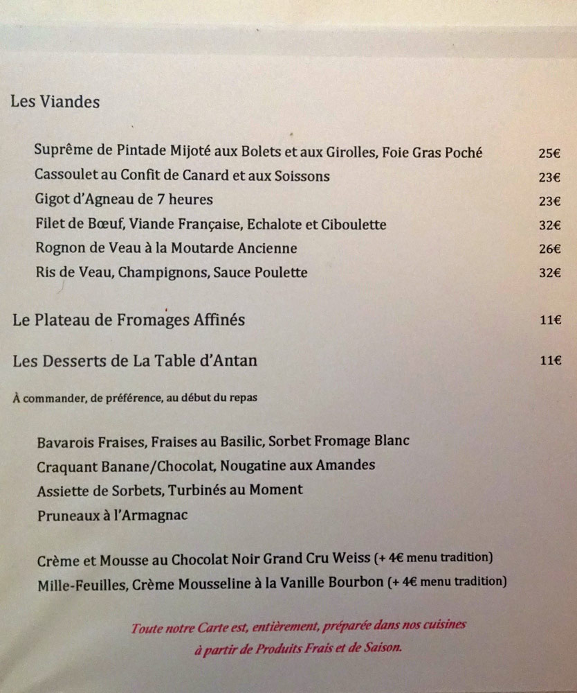Cartes : viandes et desserts