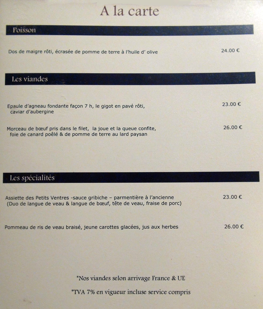 Carte : Poissons, Viandes & Spécialités