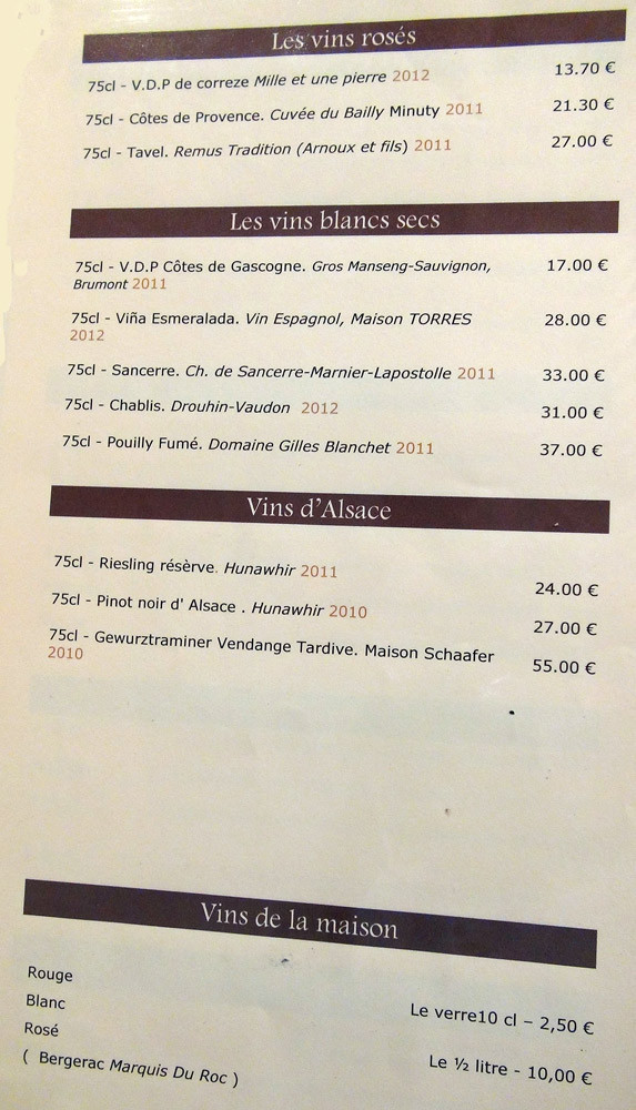 Carte des vins : Rosés, Blanc secs, Alsace et Vins de la maison