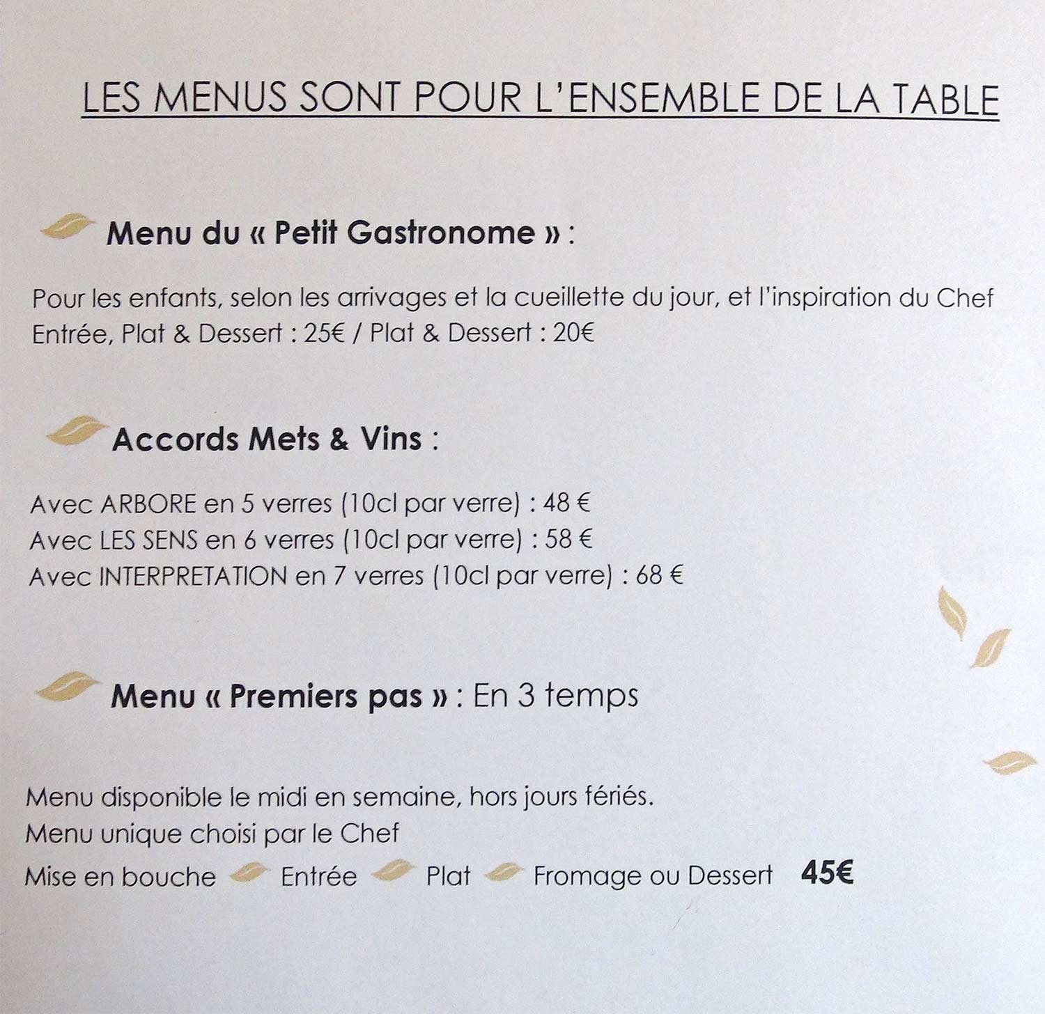 Menu Petit Gastronome, accords mets/vins (avec les cl !!!) et menu du jour "Premier pas"