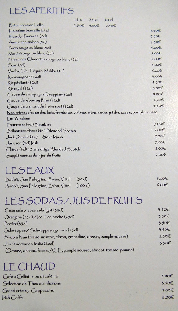 Apéritifs, eaux, jus de fruits ...