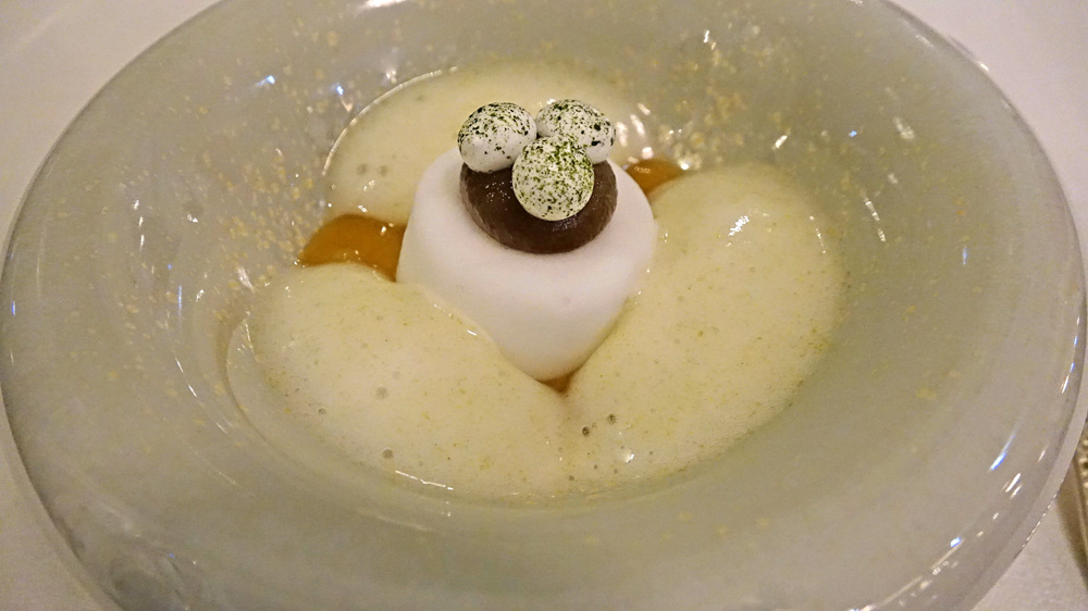 Crème glacée au verjus, confit de raisins, spiruline, meringues et laitue de mer en siphon