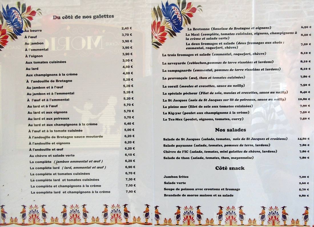 La carte des galettes