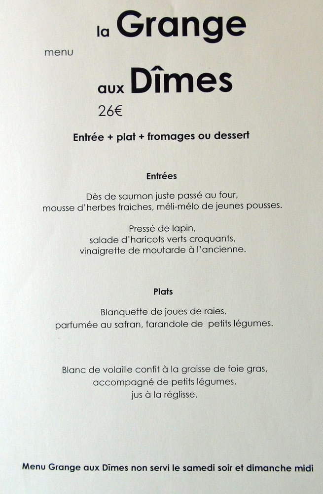 Menu la Grange aux Dîmes à 26 € 00