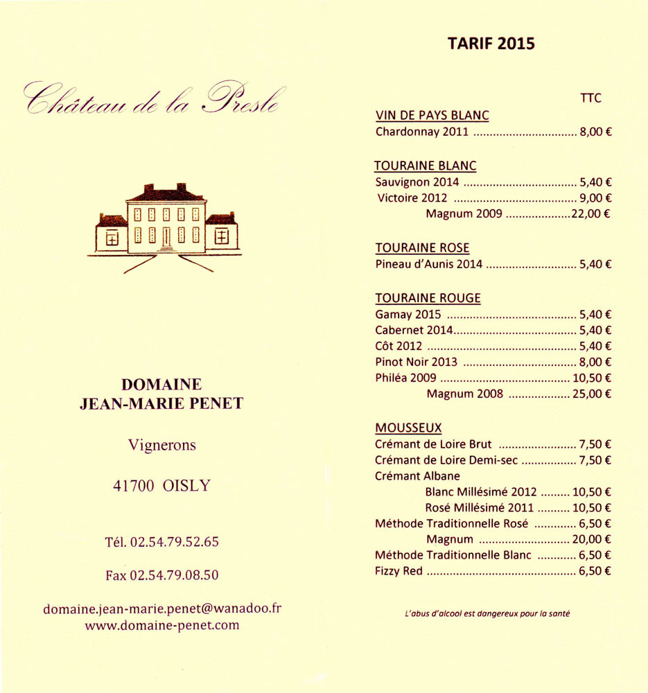 Tarif des vins
